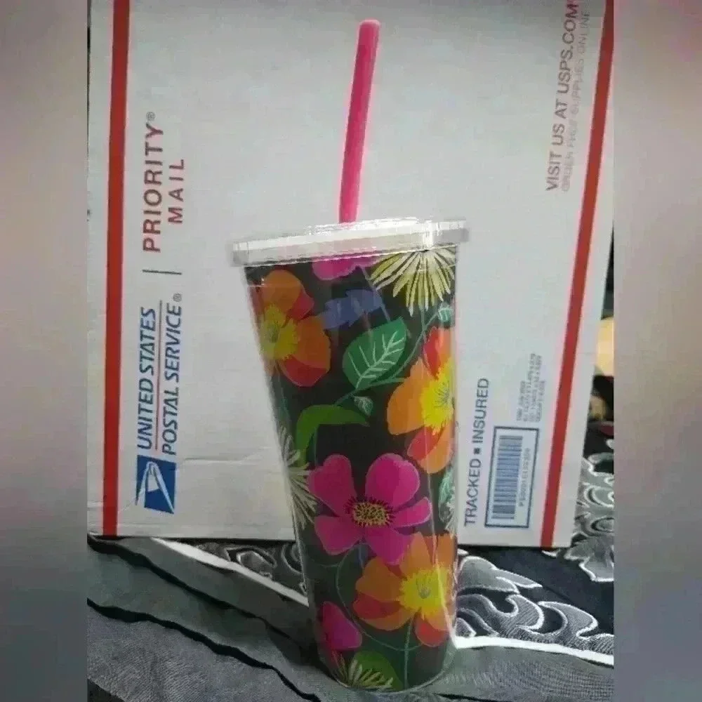 Vera Bradley Cold Drink Tumbler Plastic Floral Cup Lid Straw Pink